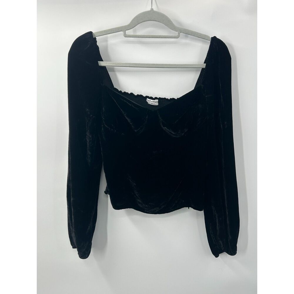 Reformation Velvet Square Neckline Black Silk Blend Puff Sleeve Blouse Top Sz 6 - Picture 1 of 6
